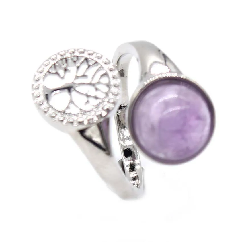 Women Ring Natural Stone Pink Quartz Purple Crystal Opening Rings Life Tree Women Men Opal Bead Adjustable Party Fashion Jewelry - Цвет основного камня: Rose Quartz