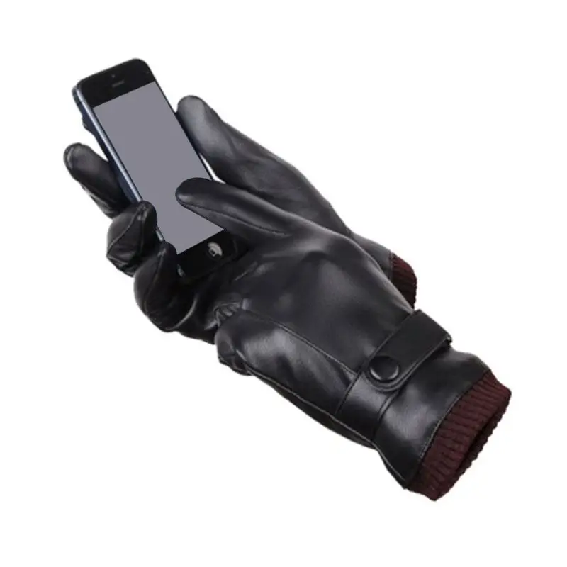 Men Winter Full Touchscreen Driving Texting Gloves Cold Weather Warm Lining Adjustable Ribbed Cuff Artificial Leather Mittens