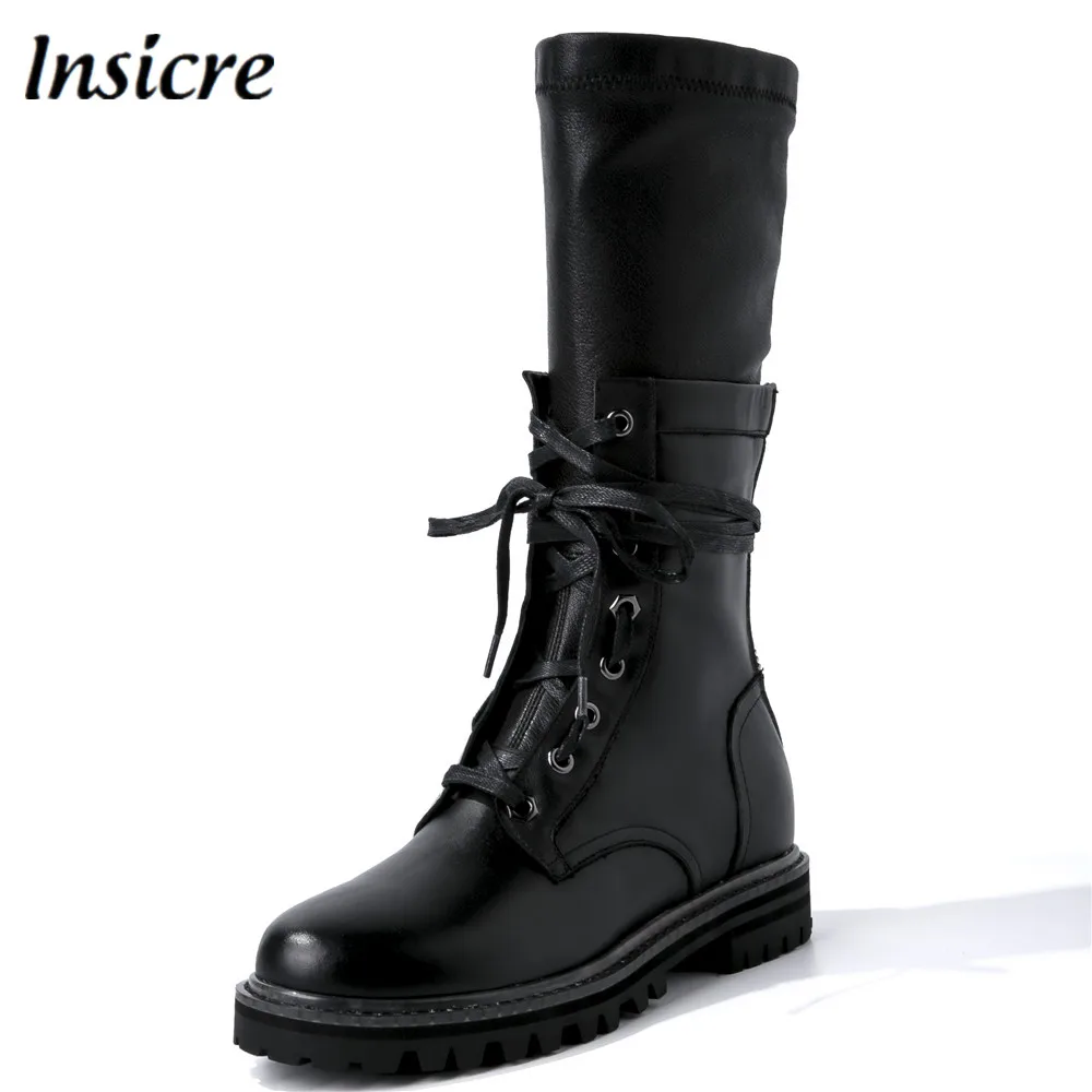 

Insicre Genuine Leather Lace Up Warm Fur Fashion Mid Calf Boots Round Toe Low Heel Zipper Casual Women Long Boots Large Size 43