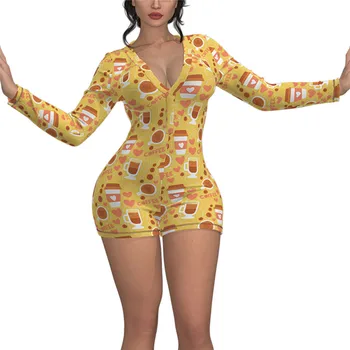 

2020 New Women's Lady Sexy Romper Bodycon Casual Jumpsuit Long Sleeve V Neck Printed Leotard Home Wear Tracksuit Playsuit Pajama