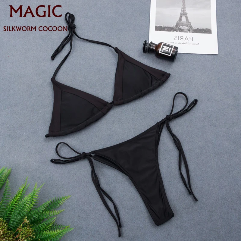 

Balck Two Piece Swimsuit Women String Sexy Bikini Set Push Up Swimwear Women Thong Bandage Bathing Suit Female Biquini Beach
