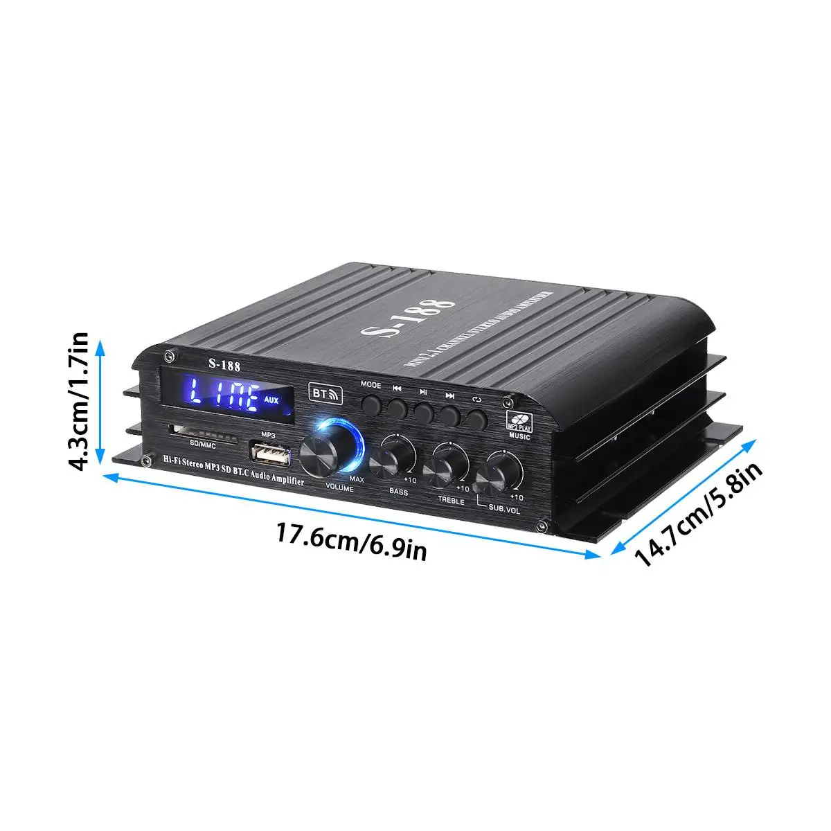 S188 2*400W+200W bluetooth HiFi Power Amplifiers Stereo Home Car Audio 12V Digital Sound Amplifier BASS Music Player AUX USB/SD