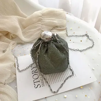 

High Quality Metal Bucket Bag Women Shoulder Bags Chic Chain Handbags Purses Fashion Ladies Hollow Crossbody Messenger Bag 2019