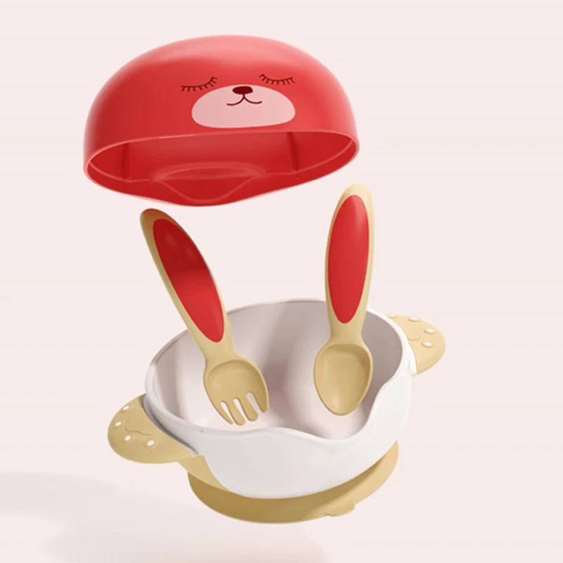 Sucker Bowl Bunny Sucker Baby Dish Spoon Fork Food Container Tableware For Baby Kids Training Dishes BPA Free