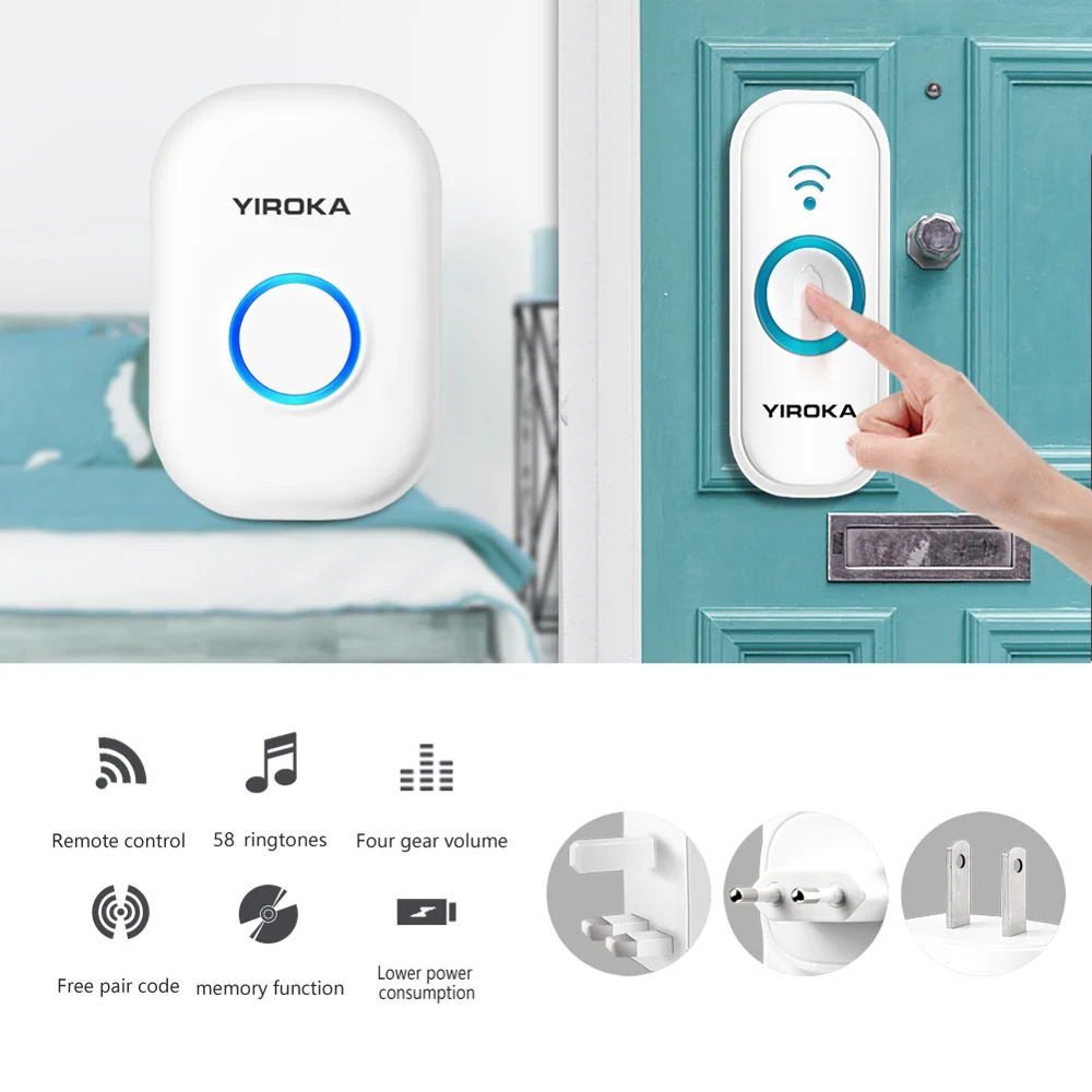 Yiroka 58 Chime 250 м дистанционный водонепроницаемый беспроводной дверной звонок ЕС Великобритания США штекер умный дверной звонок батарея 1 2 кнопки 1 2 приемника дверной Звонок