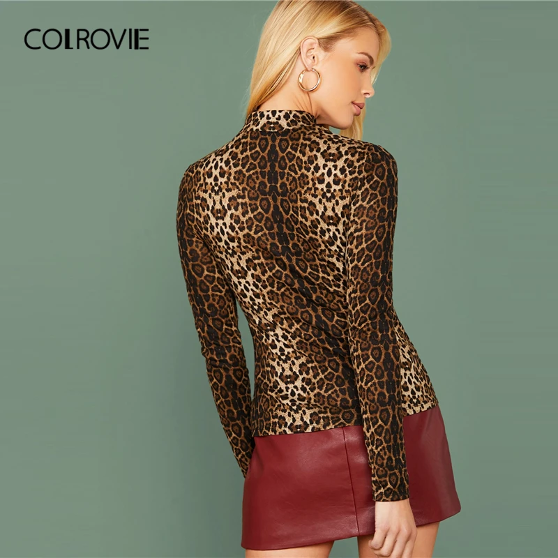 COLROVIE Женская Повседневная облегающая футболка с леопардовым принтом на шее, весна, уличная одежда, элегантный пуловер с длинным рукавом, топы