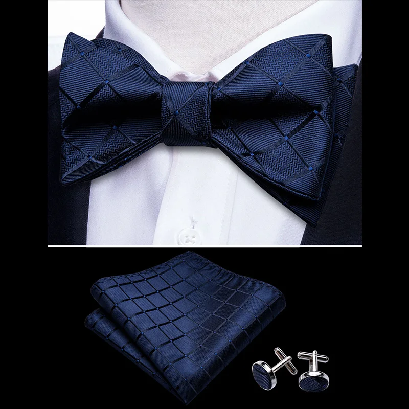 

Self Bow Ties For Men Silk Butterfly Men Tie Blue Black Lattice Hanky Cufflinks Suit Collar Removable Necktie Barry.Wang LH-1016