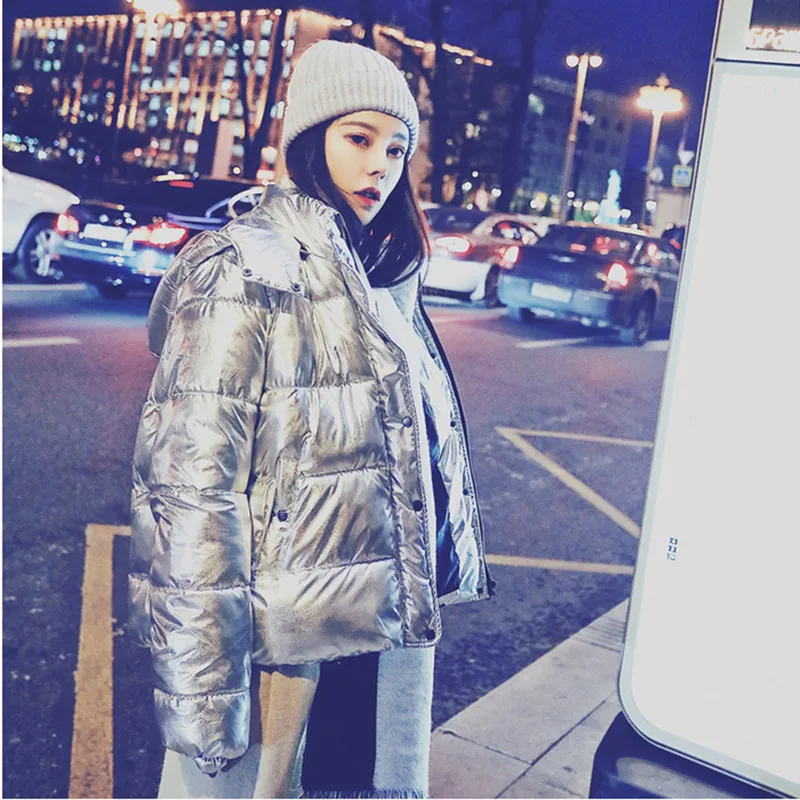 astounding  2019 Winter Fashion Jackets Women Newest All-match Bright Silver Jackets with Hat Harajuku Short Le