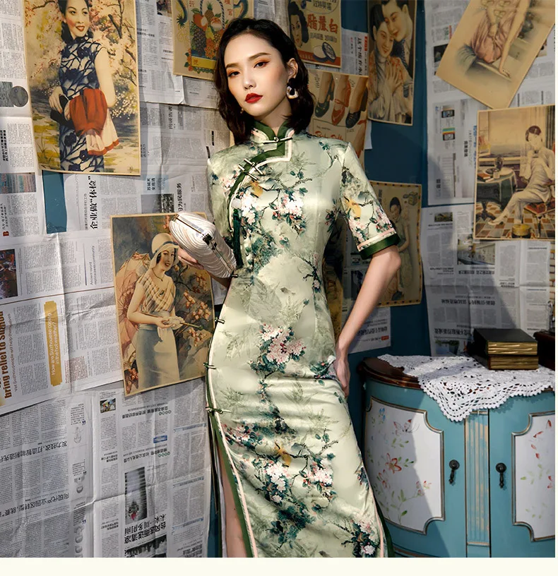 4 цвета 4XL размера плюс шелковое платье Чонсам Новинка Qipao Длинные Вечерние Платья Восточный стиль принт Chipao женское ретро платье 3XL XXL