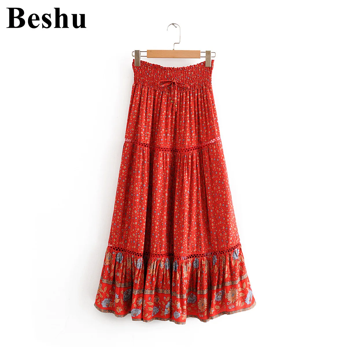 Red Za, модные длинные юбки для женщин, красный Подсолнух, хлопок, эластичная плиссированная юбка с высокой талией, с вырезом, винтажная, шикарная, трапециевидная, vestido mujer - Цвет: Red