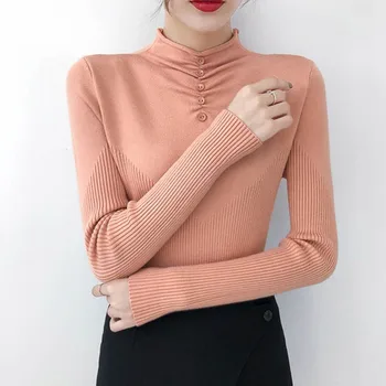 

Slim Button Solid Color Sweater Autumn Winter Long Sleeve Bottoming Turtleneck Knitted Pullover Jumpers