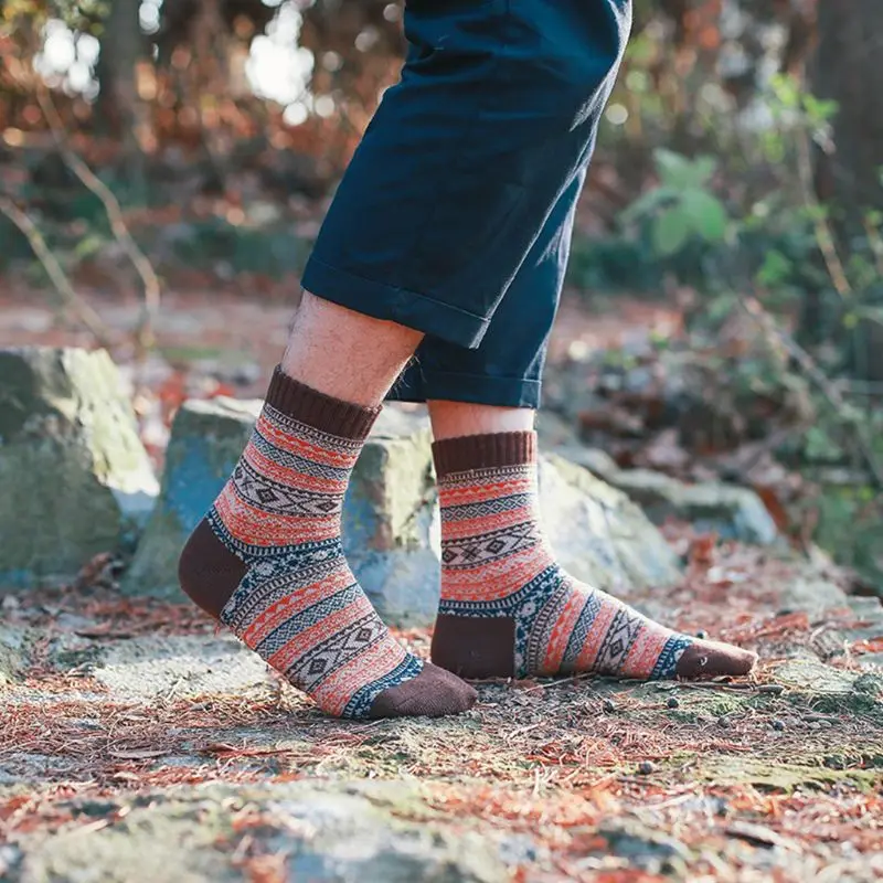 5 Pairs Men Warm Winter National Thick Stripe Business Male Wool Socks Casual Geometry Printing Sock
