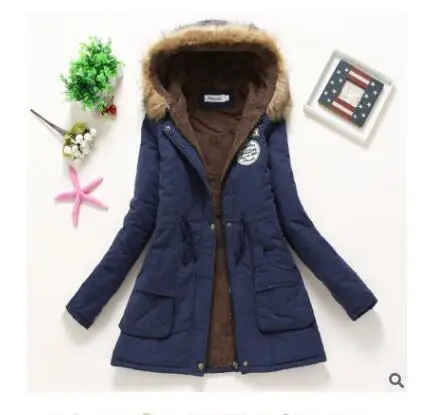 navy blue Женское зимнее теплое пальто с капюшоном, ветрозащитная парка из искусственного меха, куртка, Тренч, верхняя одежда, 50-75 кг, утепленная хлопковая куртка для женщин, s 116 см# GB - Цвет: navy blue
