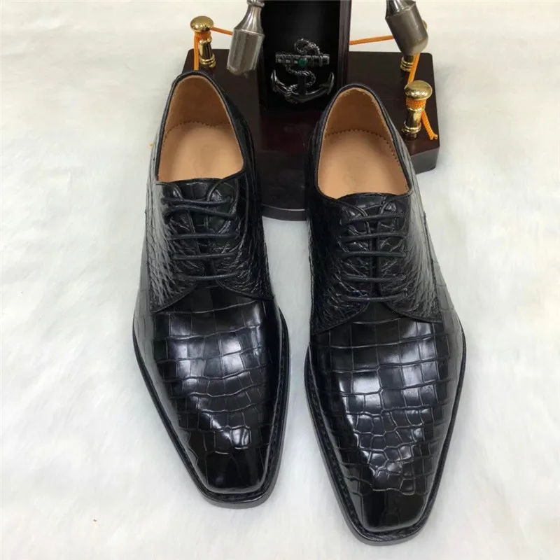 

Authentic Real Crocodile Belly Skin Handmade Square Toe Designer Men Dress Shoes Genuine Alligator Leather Male Lace-up Oxfords