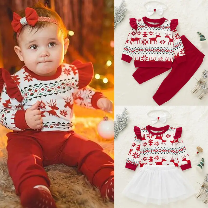 Рождественские костюмы для малышей Одежда для младенцев топы с длинными рукавами для маленьких девочек, штаны теплая Осенняя хлопковая одежда Повседневный Рождественский комплект одежды