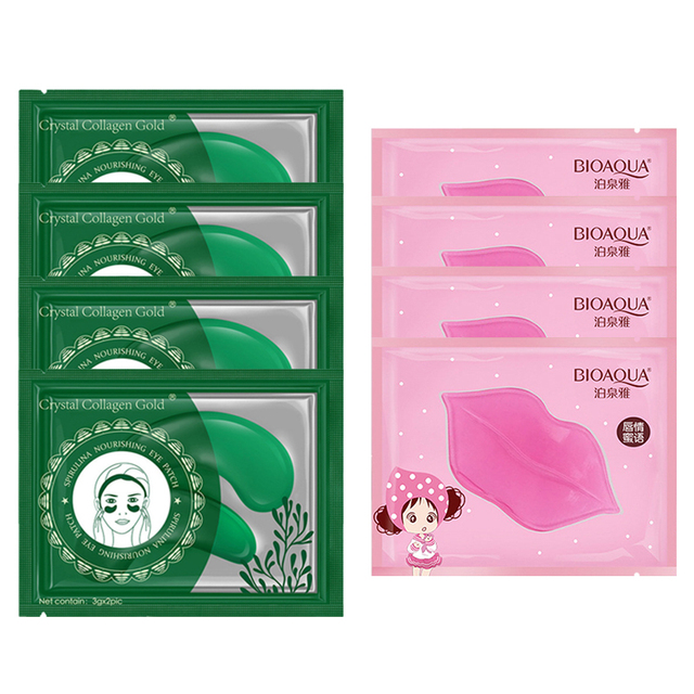 Eye Mask Combination 4pcs Moisturing Nourishing Lips Mask 4Pairs Collagen Anti-Aging Wrinkle Dark Circles Eye Patch Skincare