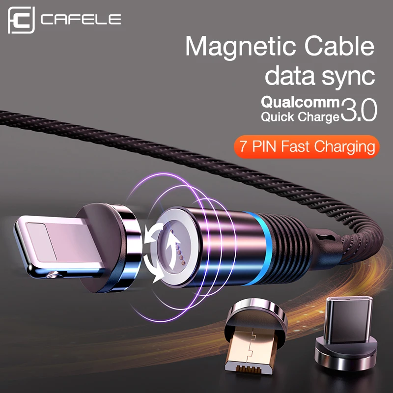 Магнитный зарядный кабель Cafele светодиодный плетеный QC3.0 Micro USB Type C для iPhone 12 Samsung