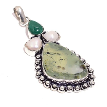 

Genuine Prehnite + Pearl Pendant Silver Overlay over Copper Jewelry , Hand made Women Jewelry gift ,P8683