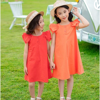 

New arrival 2020 kids girls spring summer teen dress girls 100% cotton casual dress girls baby ruffle patchwork red orange