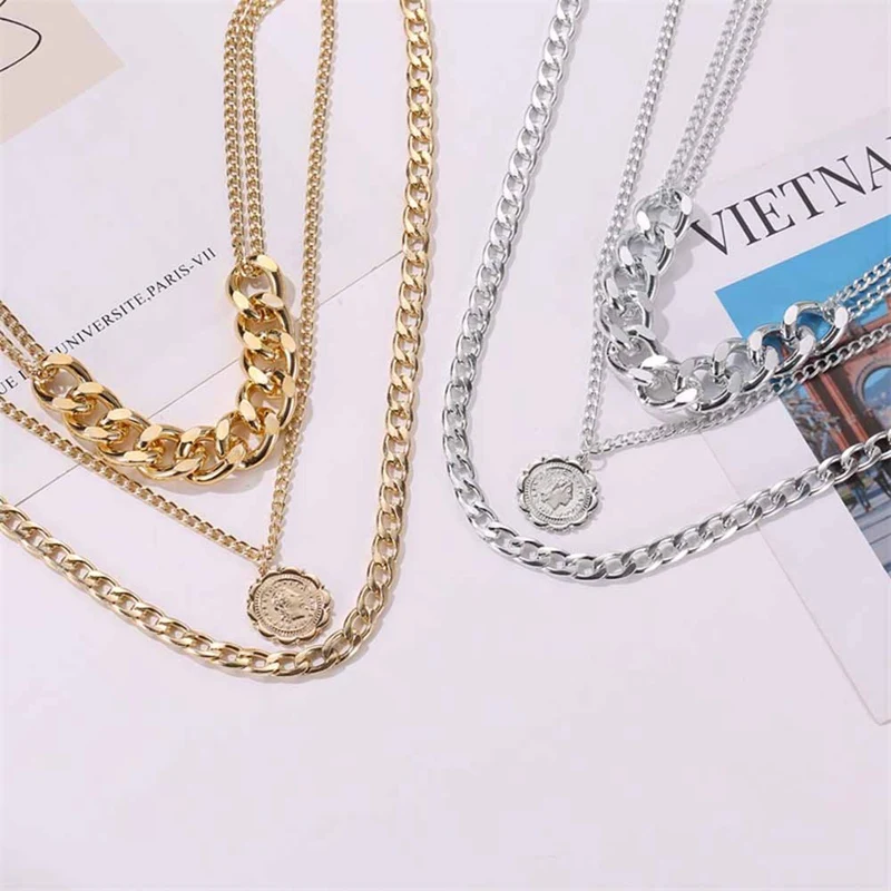Панк преувеличенное ожерелье-чокер для женщин большая толстая цепочка круглая полая многослойная монета Подвеска длинное ожерелье ювелирные изделия