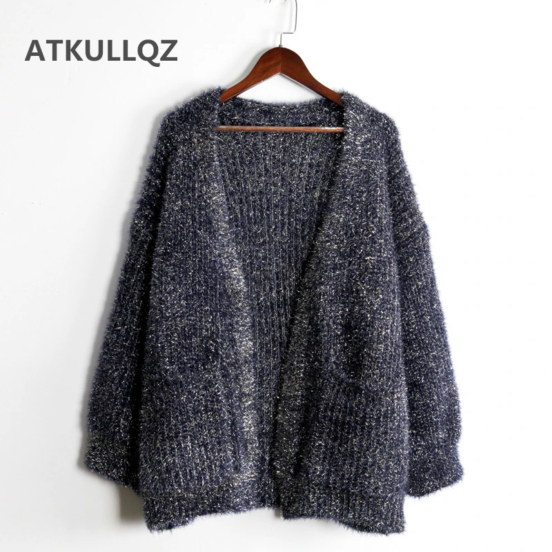 

2019new bright silk sexy knit ladies sweater loose Lady style personality jacket hot sale cardigan large size autumn ladies coat