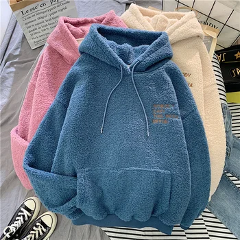 

Autumn Winter Coat Pink Sweet Hooded Sorry Print Harajuku Loose Pocket Hoodies Womens Fleece Flannel Pullover Female Sweatshirt