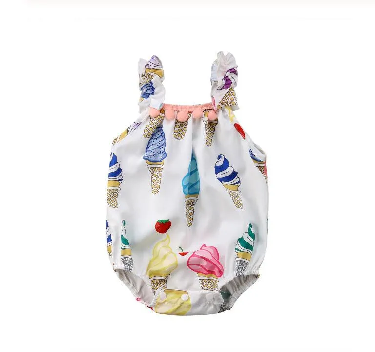 Brand New Newborn Infant Baby Girls 0-18M Summer Jumpsuits Sleeveless Ice Cream Print Tassel Romper Sunsuit Baby Clothes