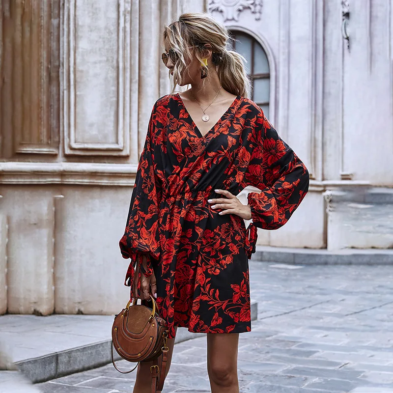 

Women Autumn Long Puff Sleeve Sexy Mini Dresses Printing Ladies Casual V-Neck Short A-Line Dresses 2020 Fashion Red Dress