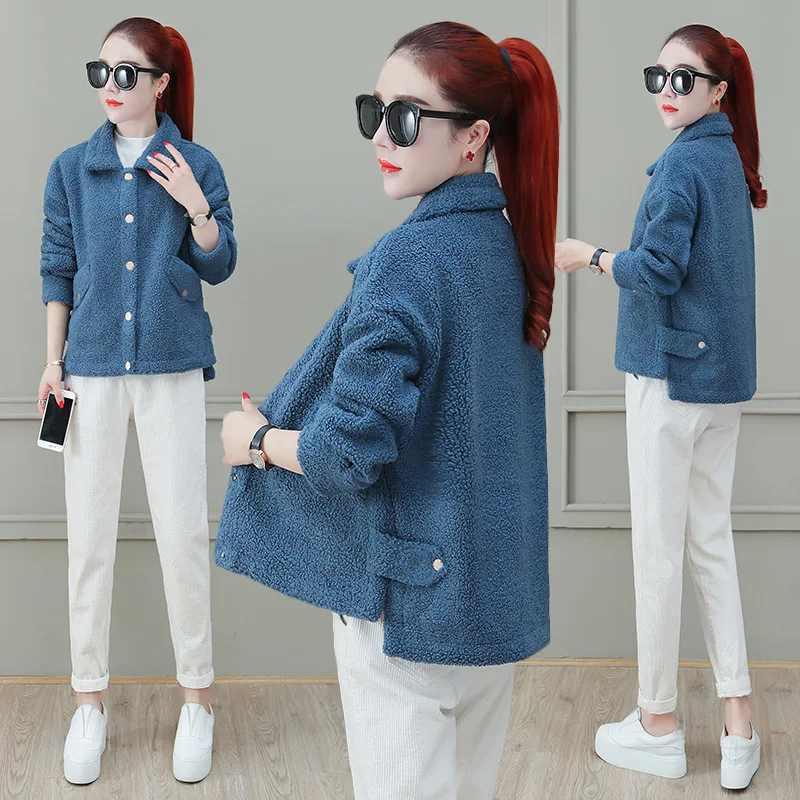 

Women's New Style Fashion Coat 2019 Winter Korean-style Loose Comfortable Slimming Cardigan Plush Fold-down Collar Short Coat