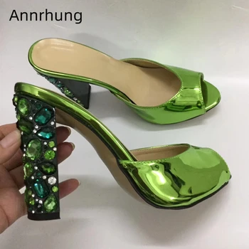 

Bright Green Patent Leather Peep Toe Shoes Woman Jeweled Rhinestone High Hoof Heel Runway Mules Chic 2020 Slippers Women