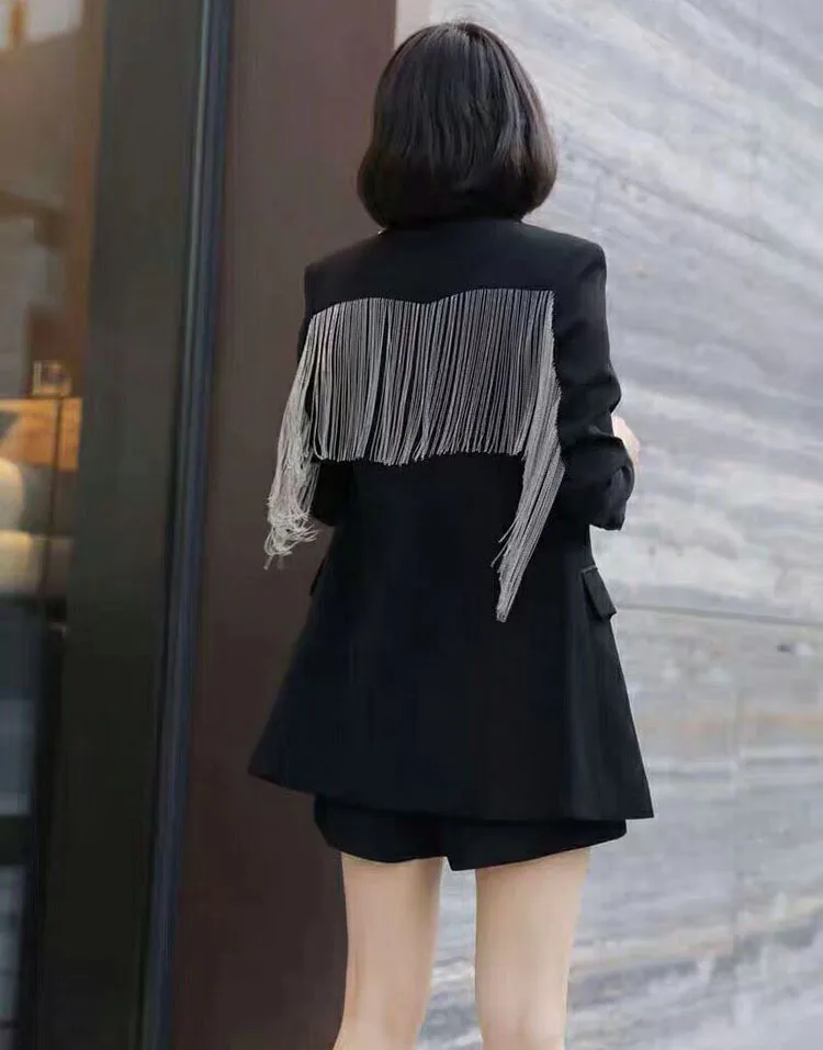 

Shaking Voice Network Red Small Suit 2019 Spring And Autumn Versatile Black Elegant Goddess-Style Tassels Chain Coat Women's INS