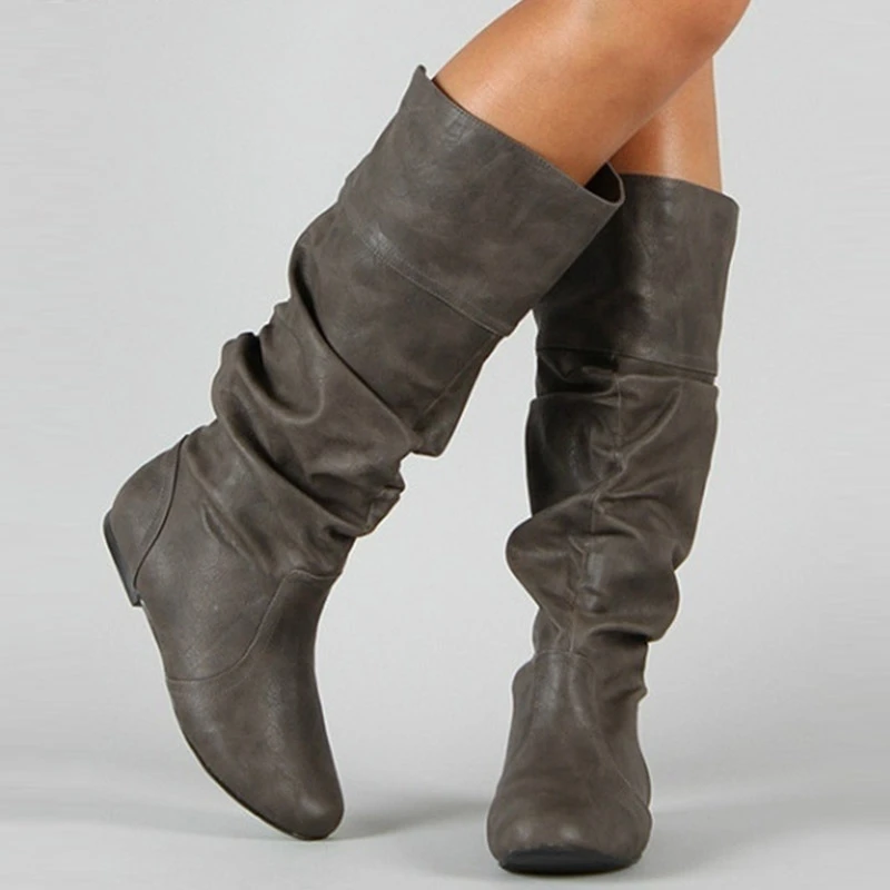 

RIBETRINI Plus Size 34-51 Mid-calf Boots Insert Heels Women Pleated Boots Female Round Toe Shoes Flat Shoes Autumn Winter 2020