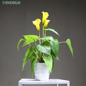 

INDIGO 1 set With Vase Yellow Calla Lily Bouquet Tulip Real Touch Wedding Outdoor WaterProof Display Flower Home Bonsai