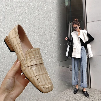 

women pumps Natural leather 22-25cm Stone pattern embossing ladies Internet celebrity shoes Sheepskin insole+pigskin lining