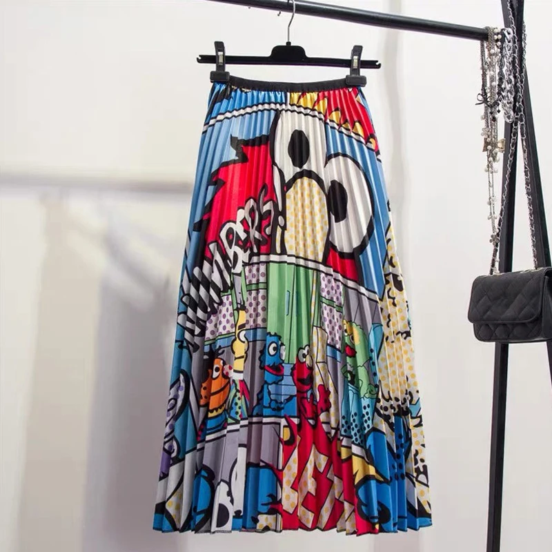 Cartoon Print Pleated Women Long Skirts High Waist A-Line Elastic Blue Pink Skirt For Ladies 2020 Summer Casual Female Bottoms | Женская