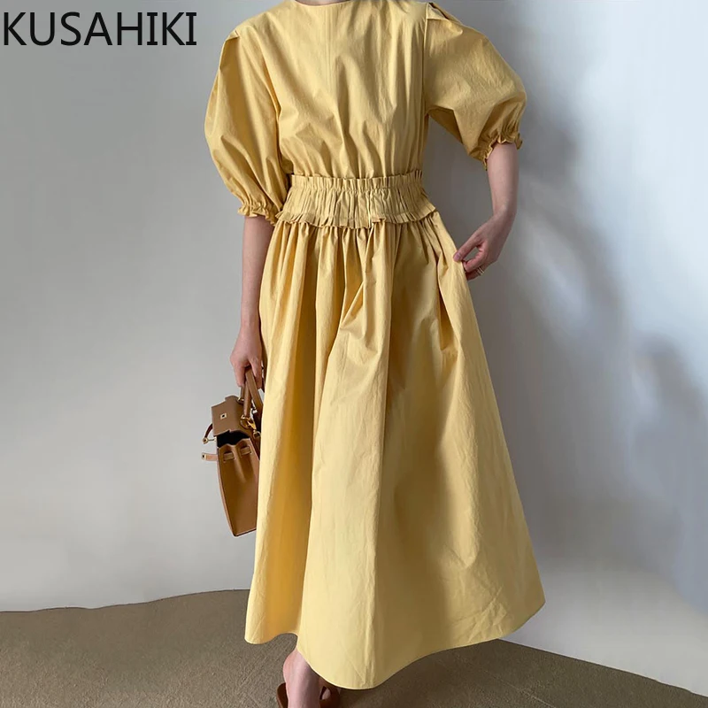 KUSAHIKI Korean Chic Summer Puff Sleeve Dresses Stretch High Waist A-line Vestidos Femme 2021 Causal O-neck Woman Dress 6H639 | Женская