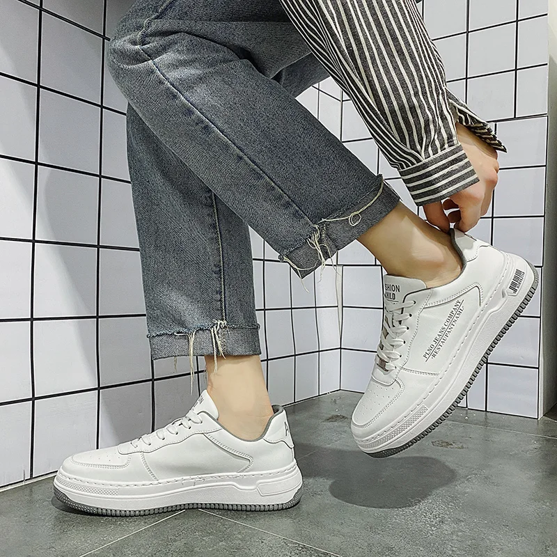 WWKK zapatos informales de piel auténtica para hombre, zapatillas blancas  ligeras, con plataforma y tacón medio, calzado vulcanizado cómodo|Zapatillas  para caminar| - AliExpress