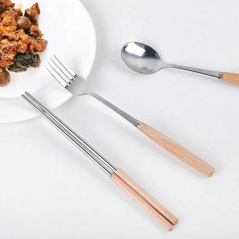 

Stainless Steel Tableware Wooden Handle Reusable Chopsticks Dishware Silver Iron Antiskid Household Metal