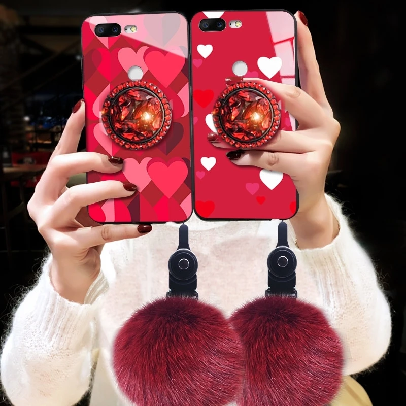 Phone Case For OnePlus 7t 5 5T 6 6t 7 Pro Tempered Glass Real Fox Fur Wrist Strap Rhinestone Finger Ring Back Cover Coque | Мобильные
