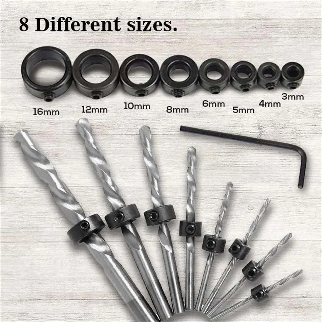 KHJK Durable Depth Stop Collar Ring Positioner 7pcs 3-12mm Drill Bit Set Spacing Ring Woodworking Drill Bit Hex Wrench 