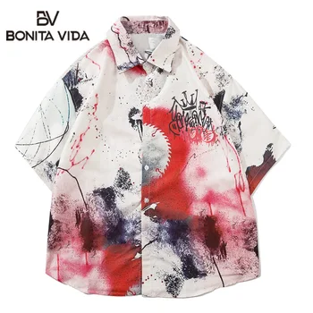 

Bonita Vida Hip Hop Graffiti Ink Print Short Sleeve Shirts Streetwear Summer Hipster Casual Punk Rock Men Fashion Shirt Tops