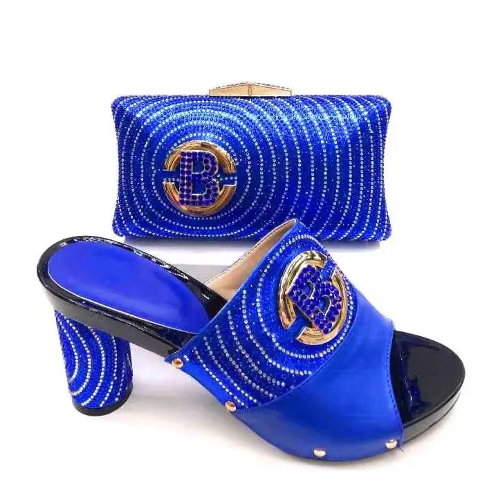 Beautiful royal blue women dress shoes match handbag with rhinestone