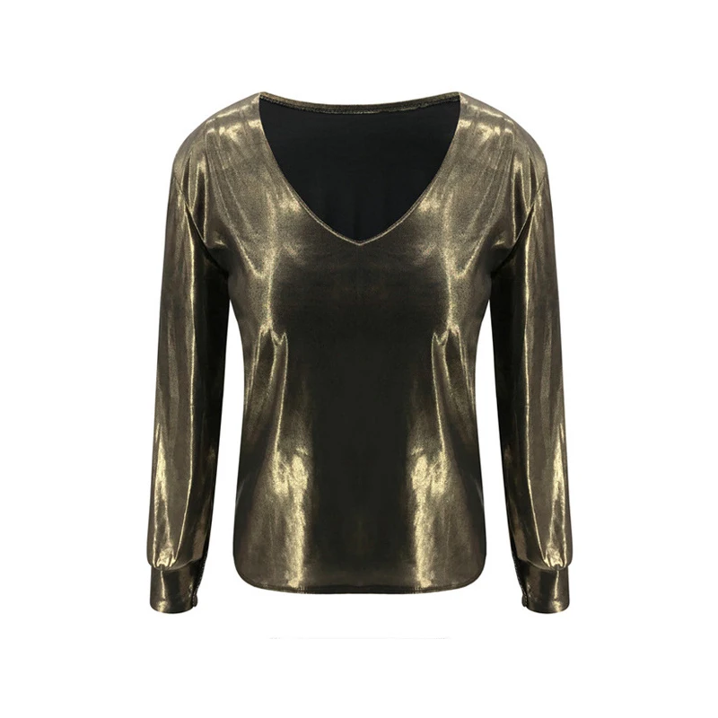 Женская яркая Золотая блузка, рубашки, Осень-зима, с длинным рукавом, на пуговицах, блузки, сексуальный v-образный вырез, женский свободный пуловер, топы, Blusas Mujer XL