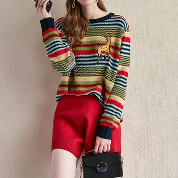 

XUXI 2020 Autumn Rainbow Striped Women Loose Sweater Pullovers Brand Designer Embroidery Deer O-neck Casual Knitted Tops FZ0328