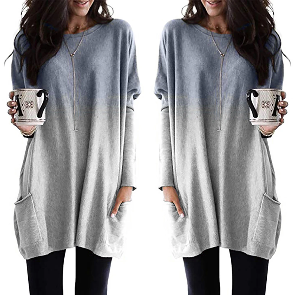 5XL Повседневная футболка, Женская градиентная длинная футболка, женская рубашка с длинным рукавом, женские топы с карманами, уличная одежда, camisa feminina D30