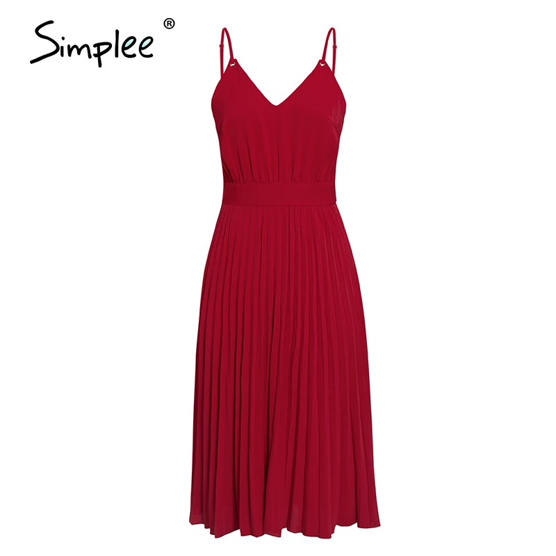 Simplee Sexy v-neck women party dress Elegant spaghetti strap female pleated office dress Solid female pink midi summer dresses