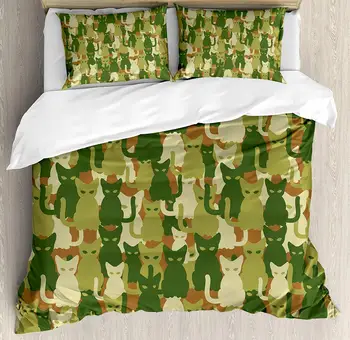 

Camo Duvet Cover Set Kitten Silhouette Protective Cat Theme in Jungle Colors Animal Silhouettes Decorative 3 Piece Bedding Set