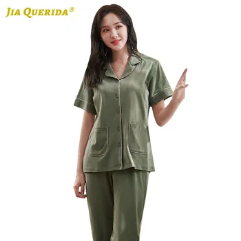 

Pajamas Set Homesuit Homeclothes Sleepwear Fashion Style Casual Style Turn Down Collar Short Sleeve Long Pants Woman Clothes