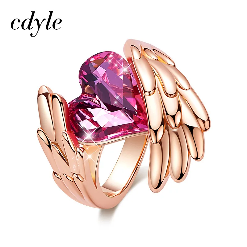 Cdyle, женское золотое кольцо, украшенное кристаллами, крылья ангела, кольцо в форме сердца, свадебное кольцо на палец для женщин и девочек - Цвет основного камня: Pink