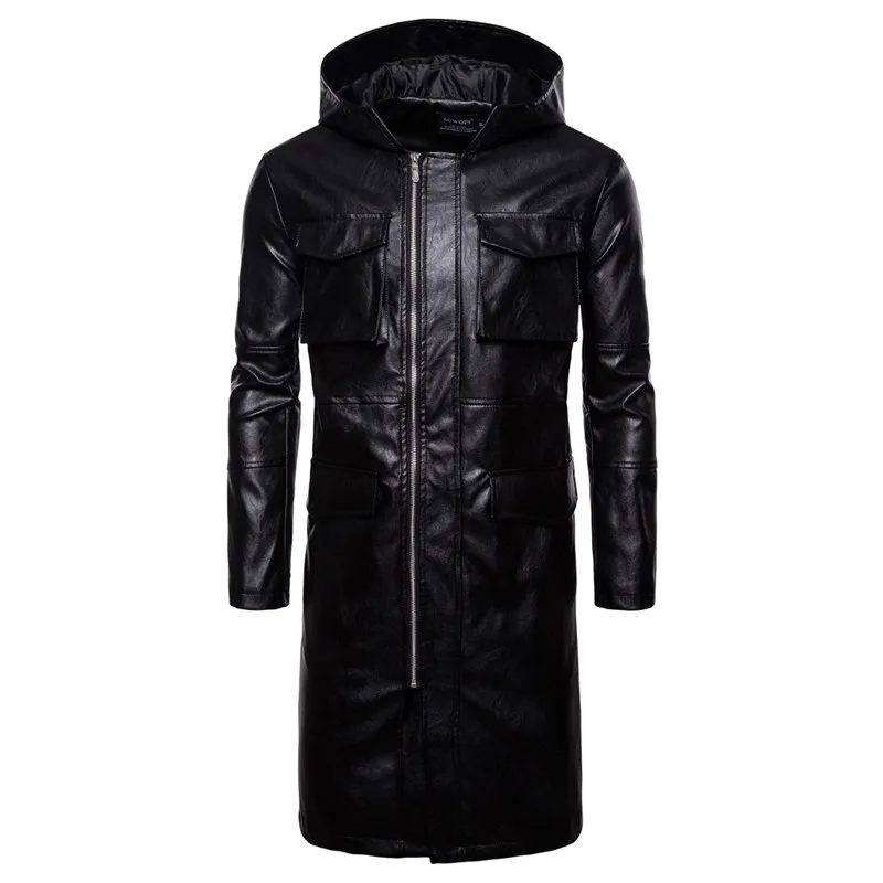 Мужская Длинная кожаная куртка с капюшоном мотоциклетная черная тонкая